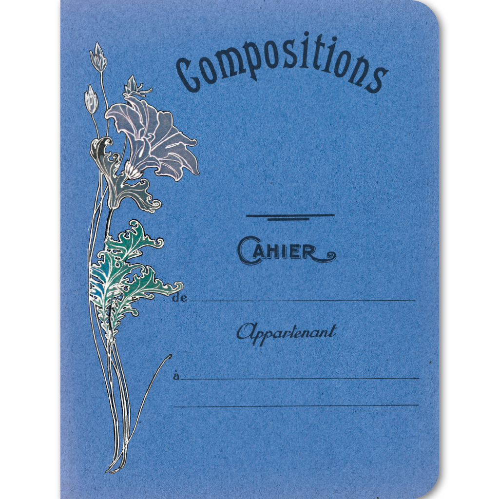 Blue notebook cover with floral design and text on a white background
