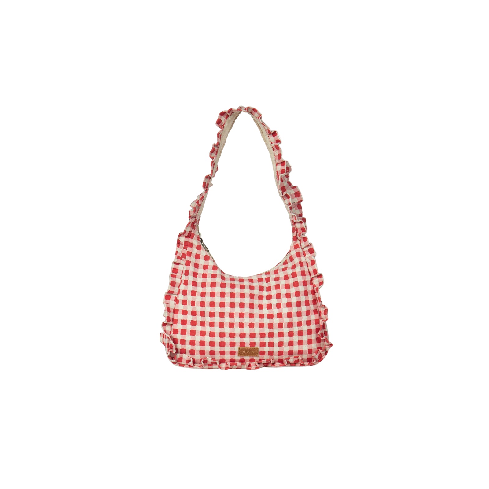 Red and white checkered handbag on a light beige background
