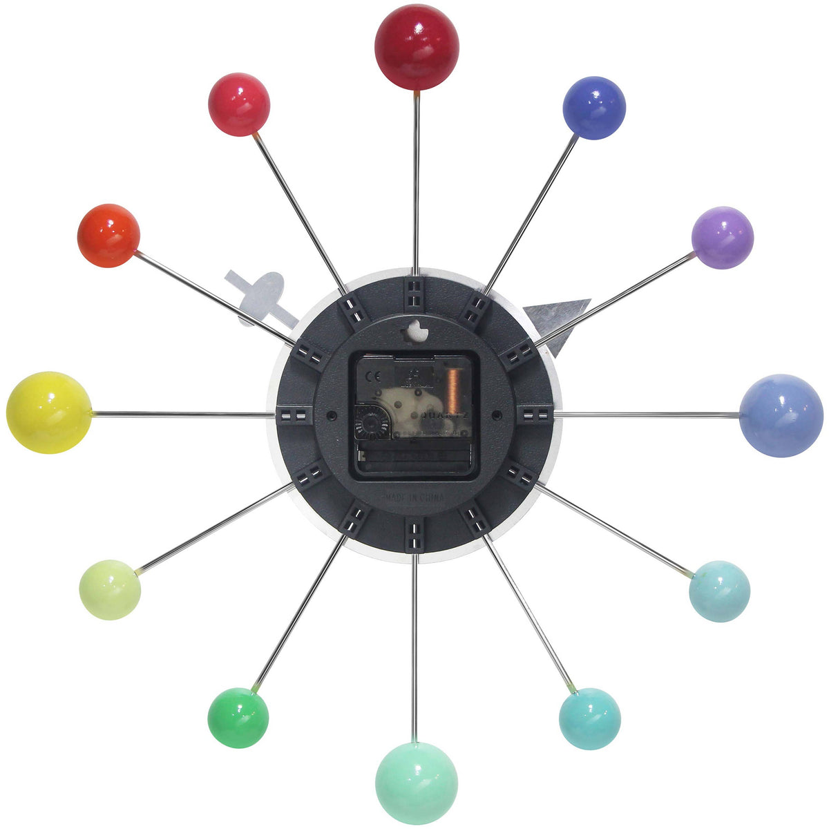 The back of a colorful spherical clock on a white background