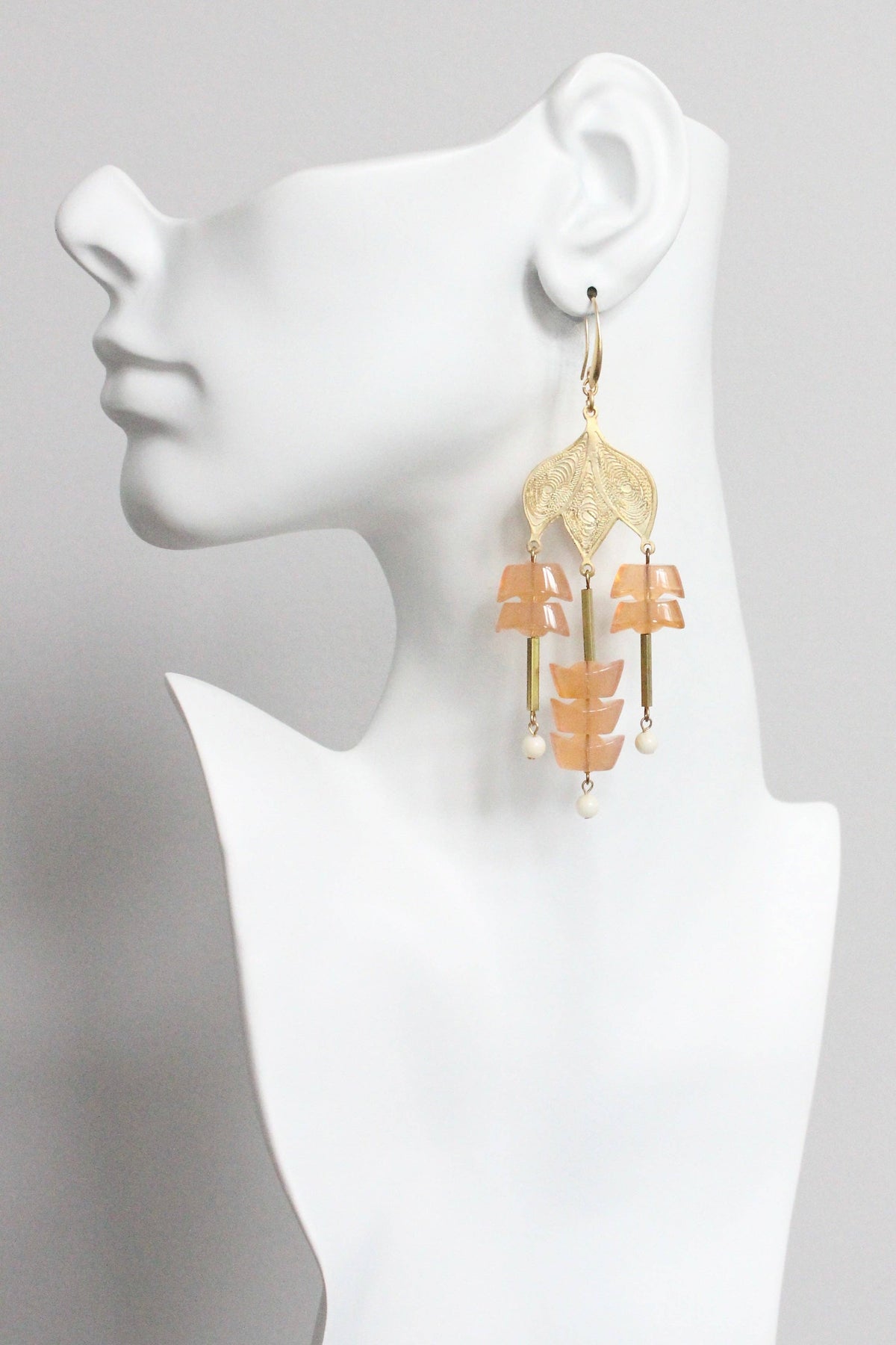 Peach Glass and Gold Plate Chandelier Earrings