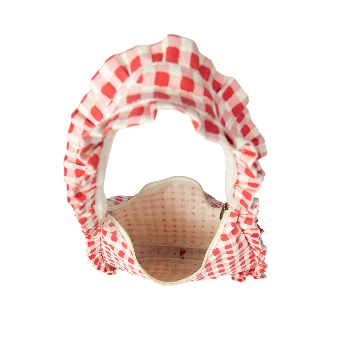 Red and white checkered headband with a beige center on a white background