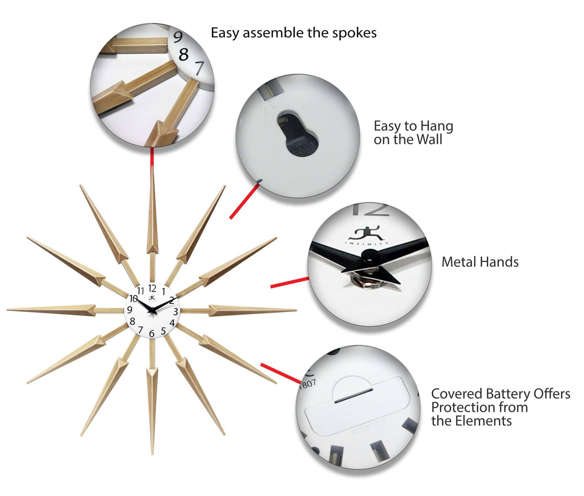Wall clock with wooden spokes and metal hands, featuring text on assembly and features.