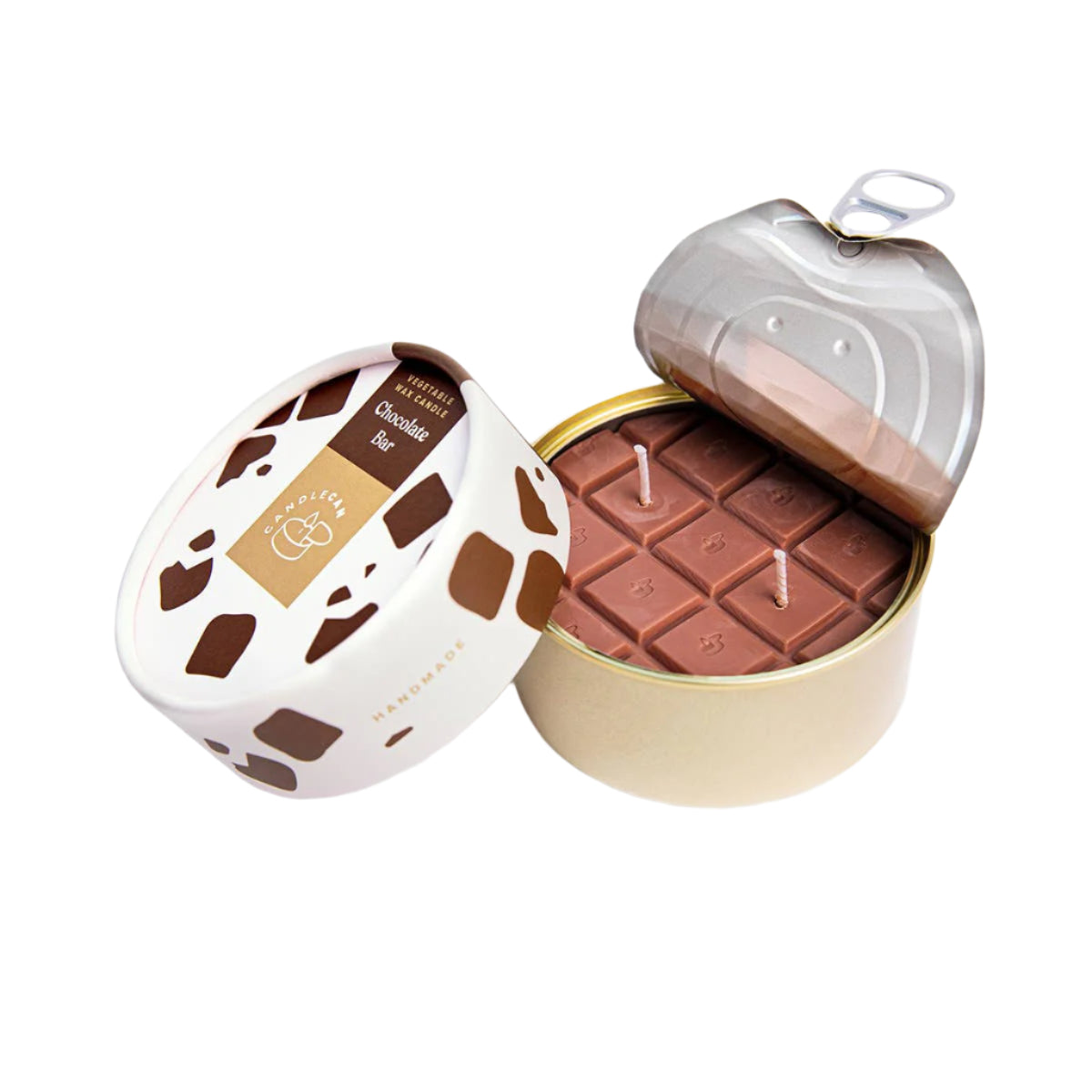 Chocolate bar-shaped candles in a decorative tin on a white background