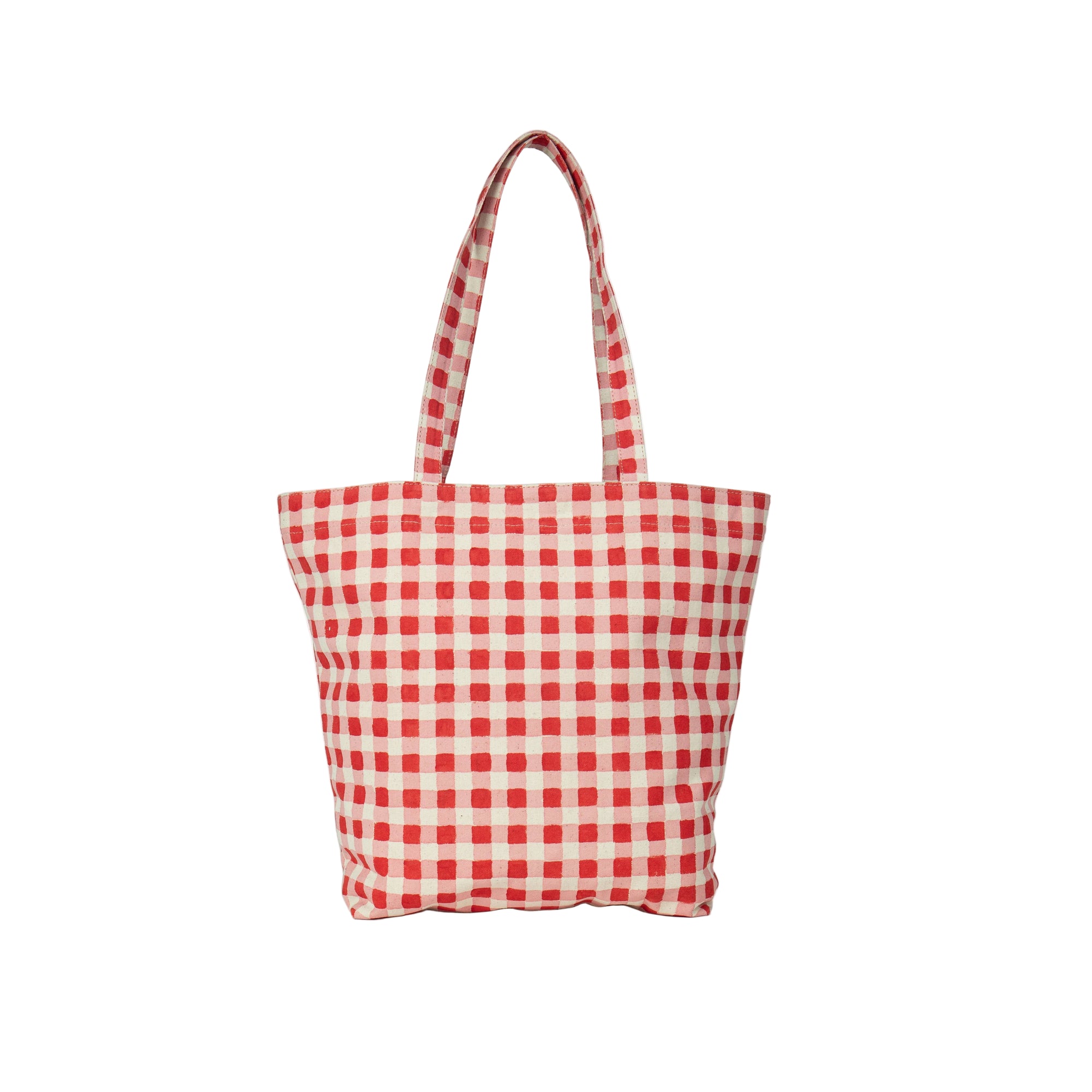 Red and white checkered tote bag on a white background
