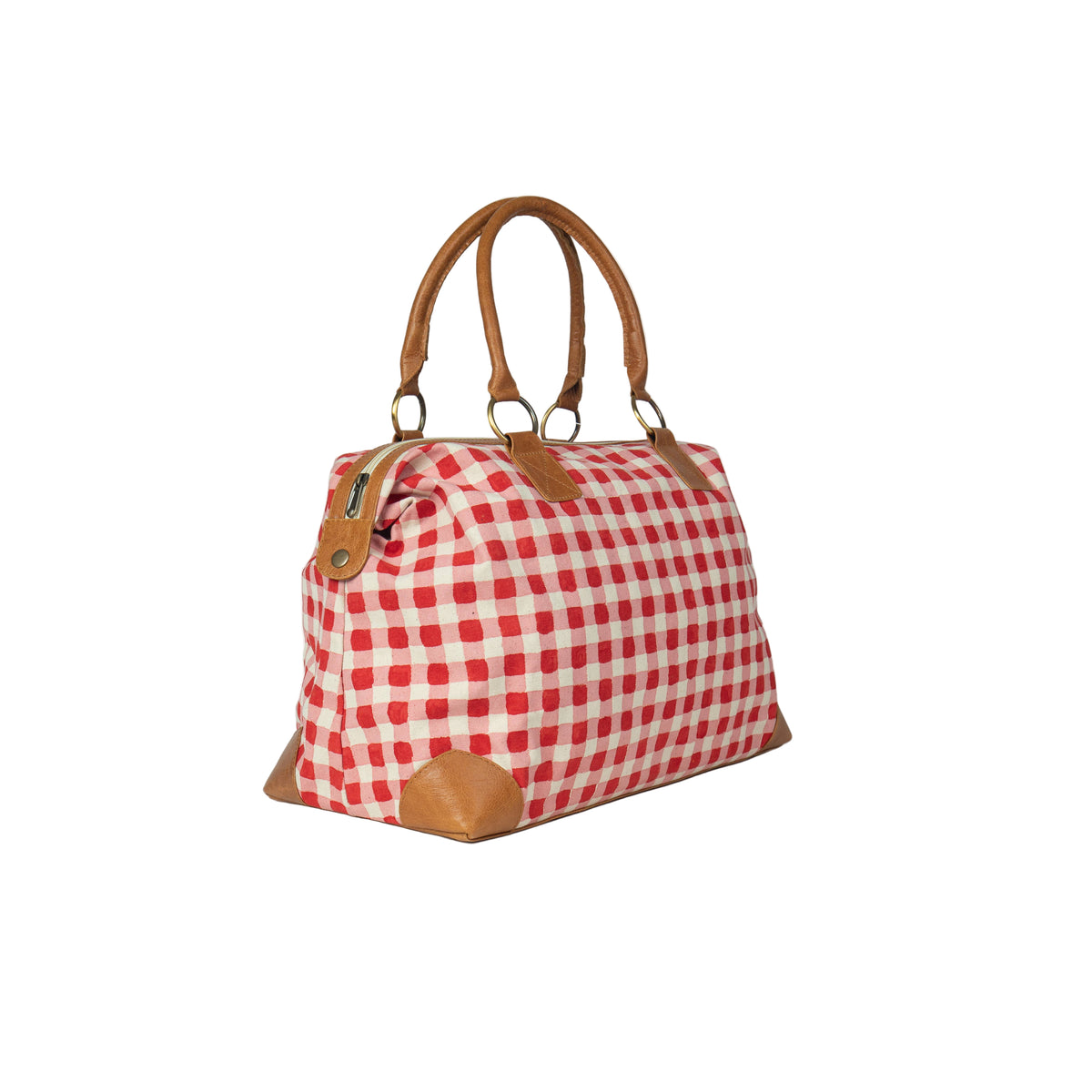 Red and white checkered handbag with brown handles