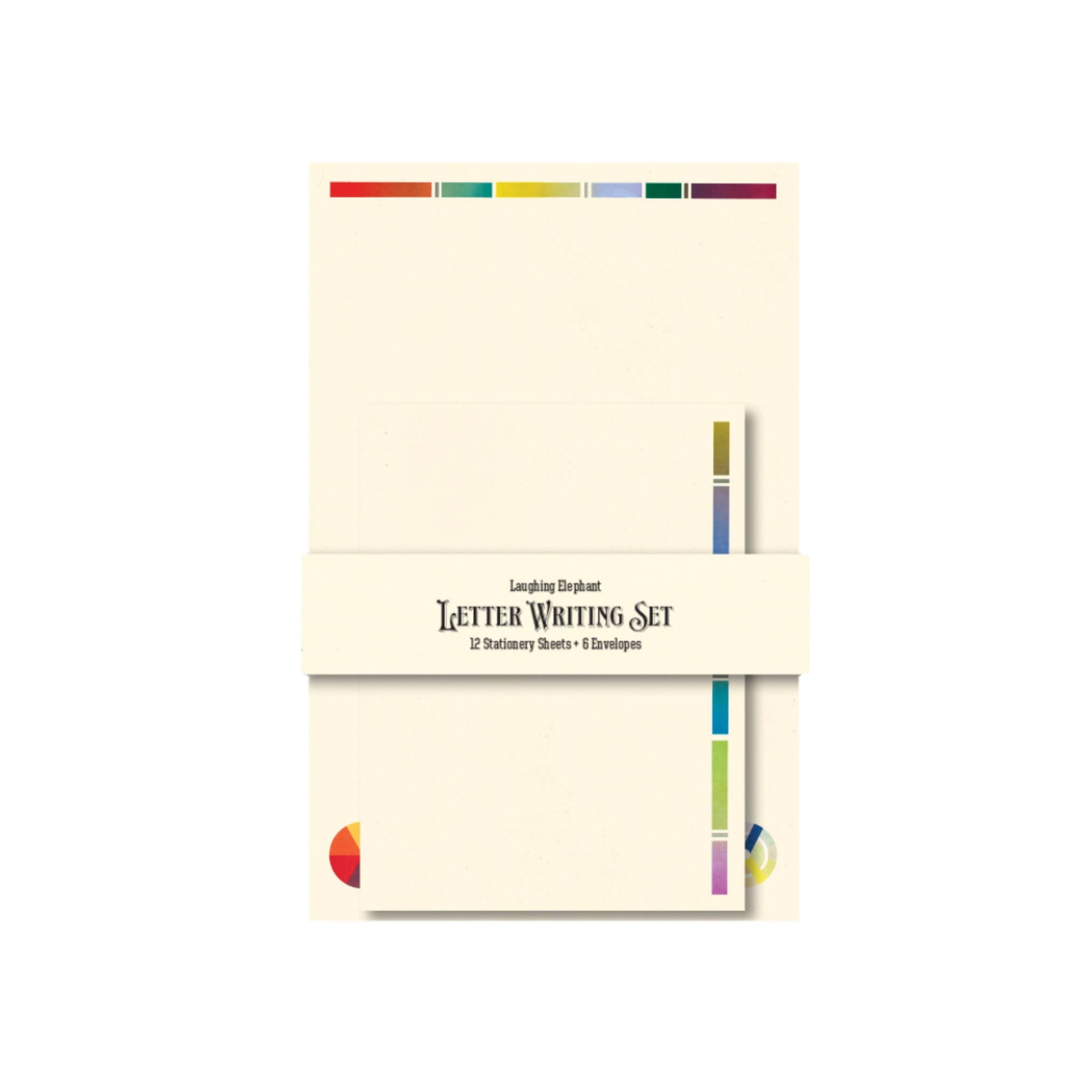 Letter writing set with colorful stationery items on a gray background