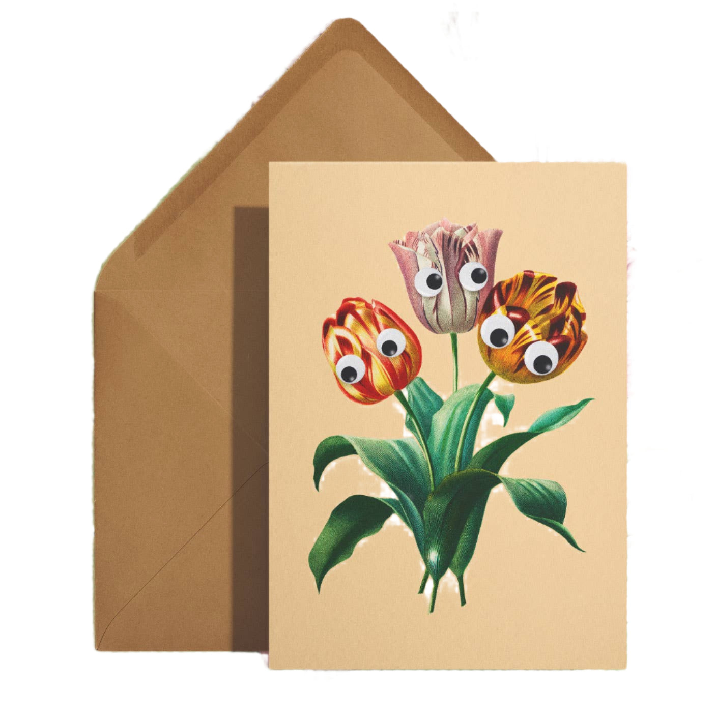 Greeting card with tulip design featuring googly eyes on a  white background with a brown envelope