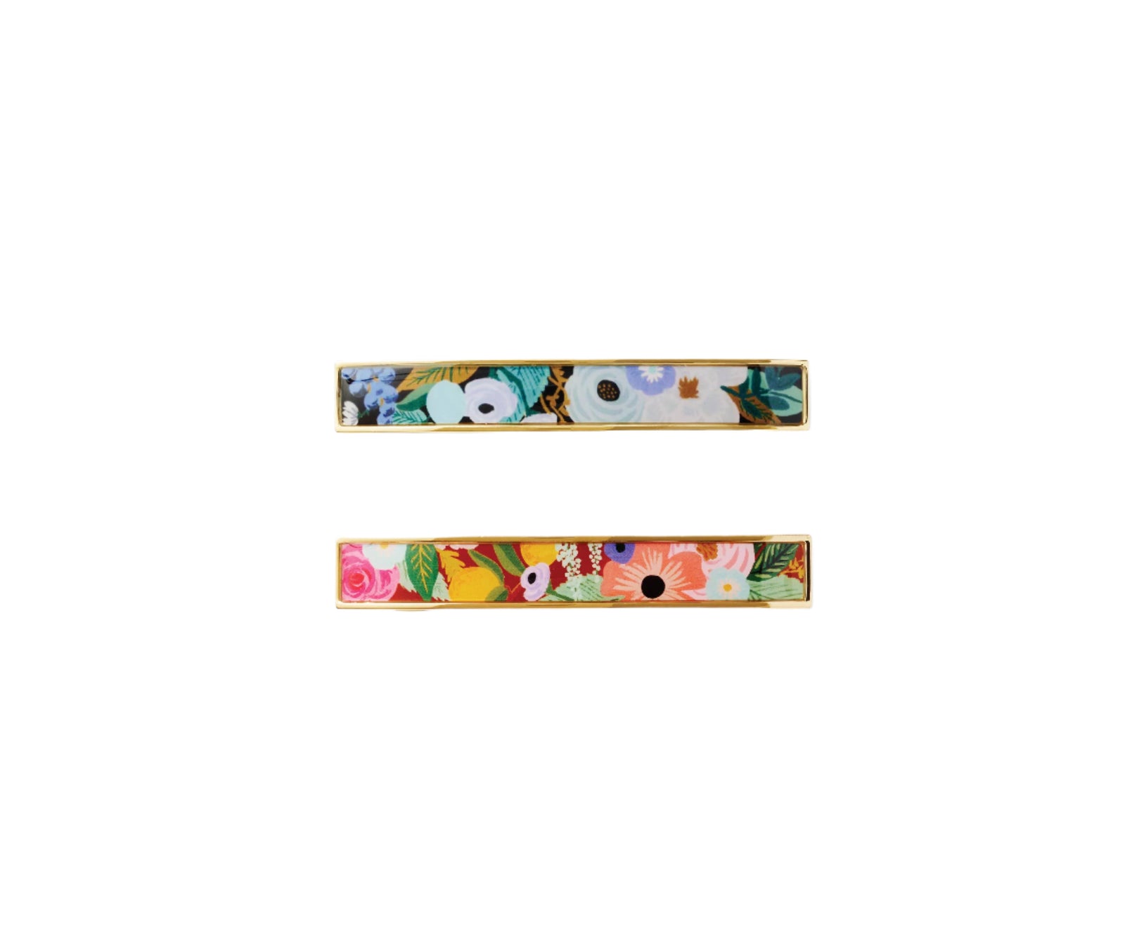 Two floral-patterned hair clips on a white background