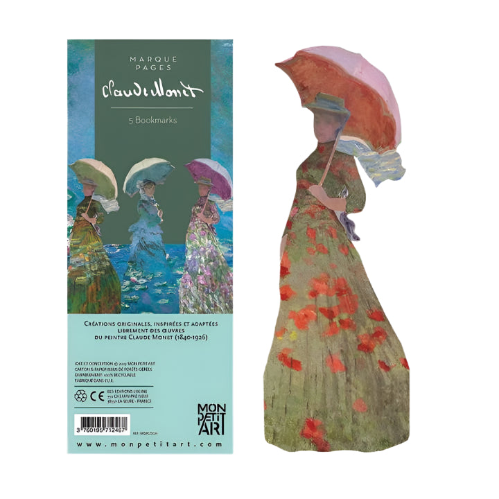 Bookmarks inspired by Claude Monet's artwork with a woman holding an umbrella and flowers.