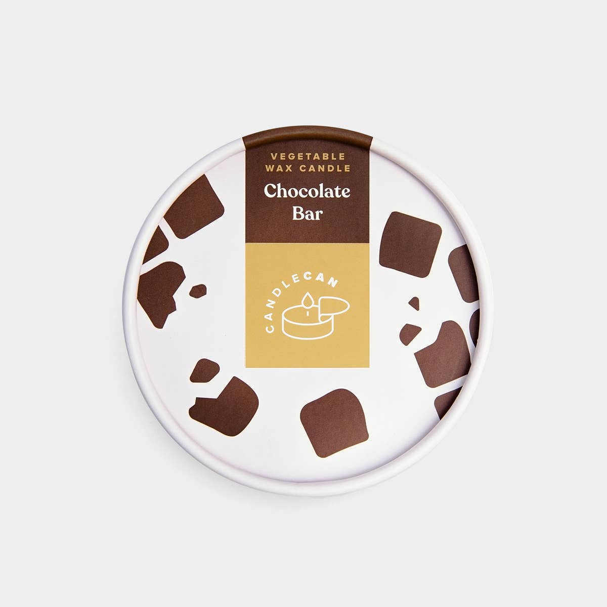Candle labeled &#39;Chocolate Bar&#39; with a design resembling chocolate pieces on a white background