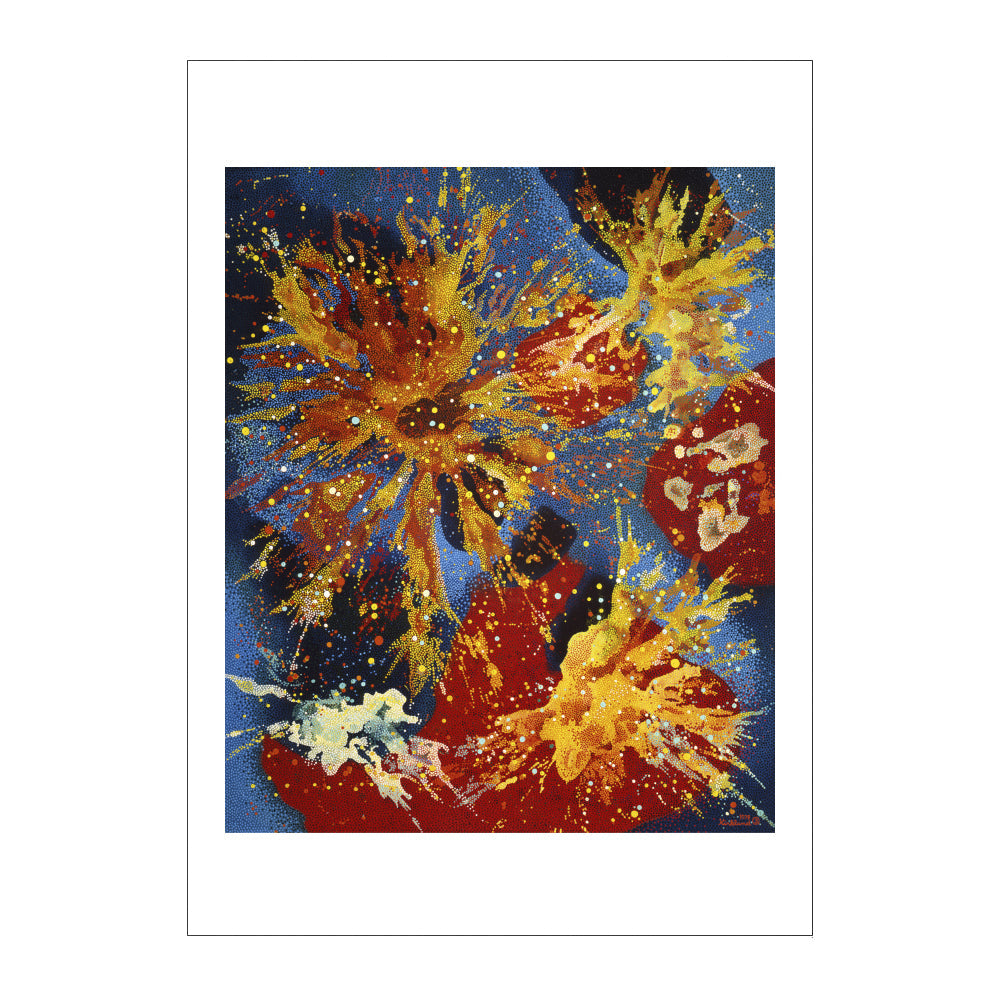 Abstract art print with splashes of yellow, red, and blue on a white background