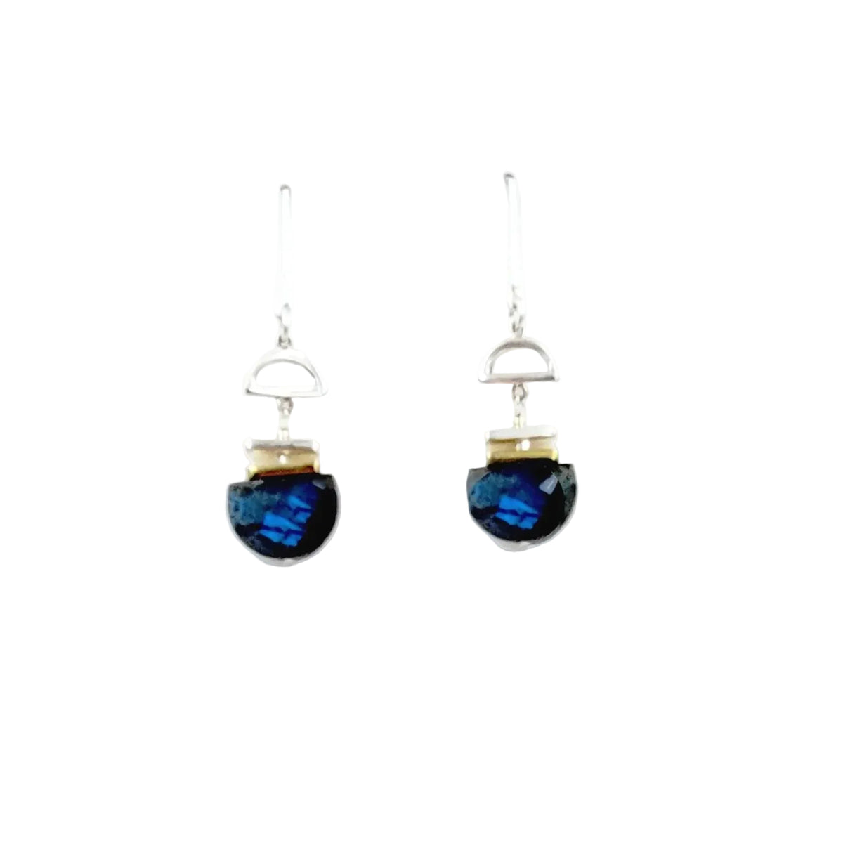 Geometric shapes made from 22k gold vermeil , sterling silver and blue labradorite semi-circles