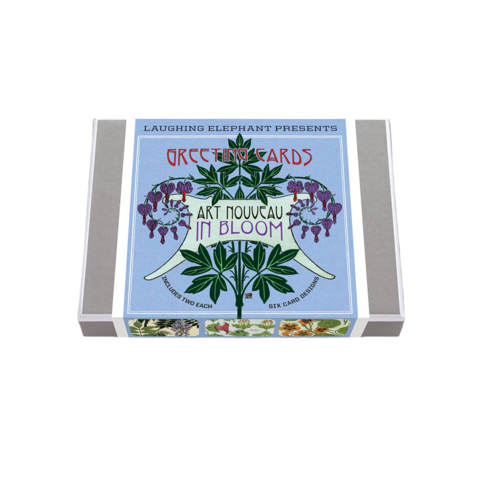 Box of greeting cards with 'Art Nouveau in Bloom' design on a light gray background