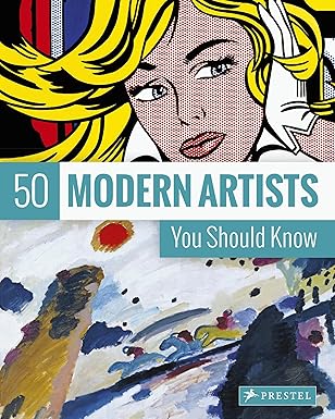Book cover featuring a stylized illustration of a woman's face with abstract art in the background, titled '50 Modern Artists You Should Know' by Prestel.