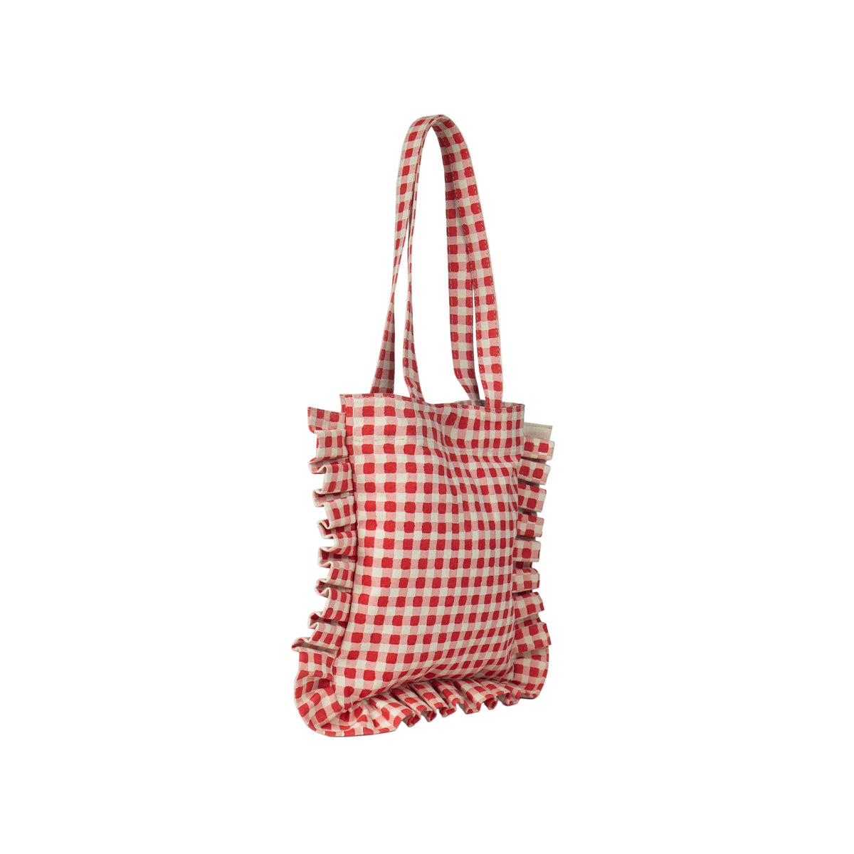 Red and white checkered tote bag with ruffles on a white background