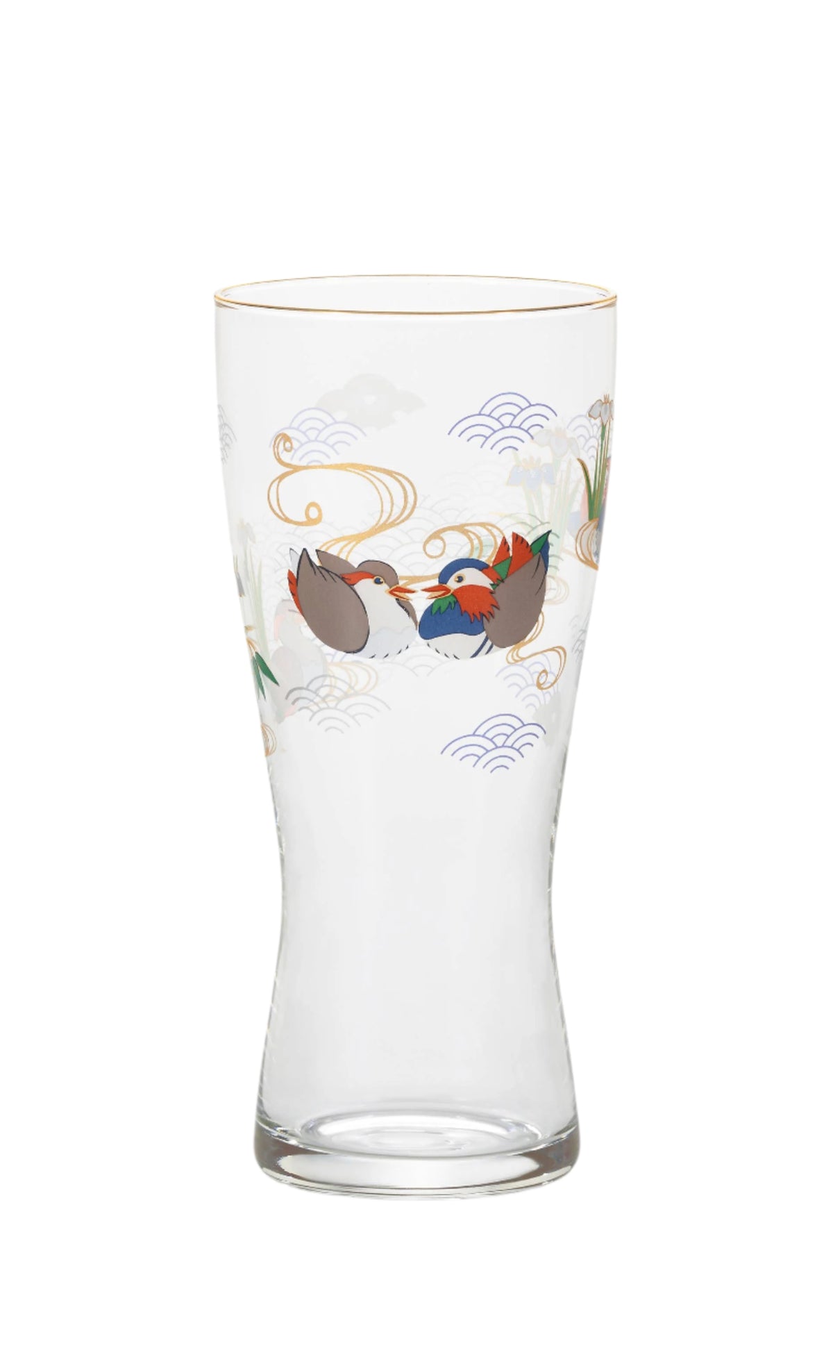 Clear glass with decorative birds on a white background