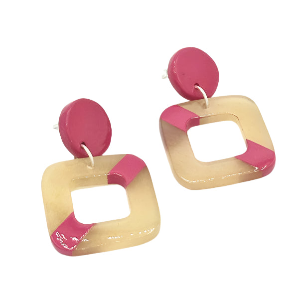 Pink circle stud with beige and pink striped square dangle earring