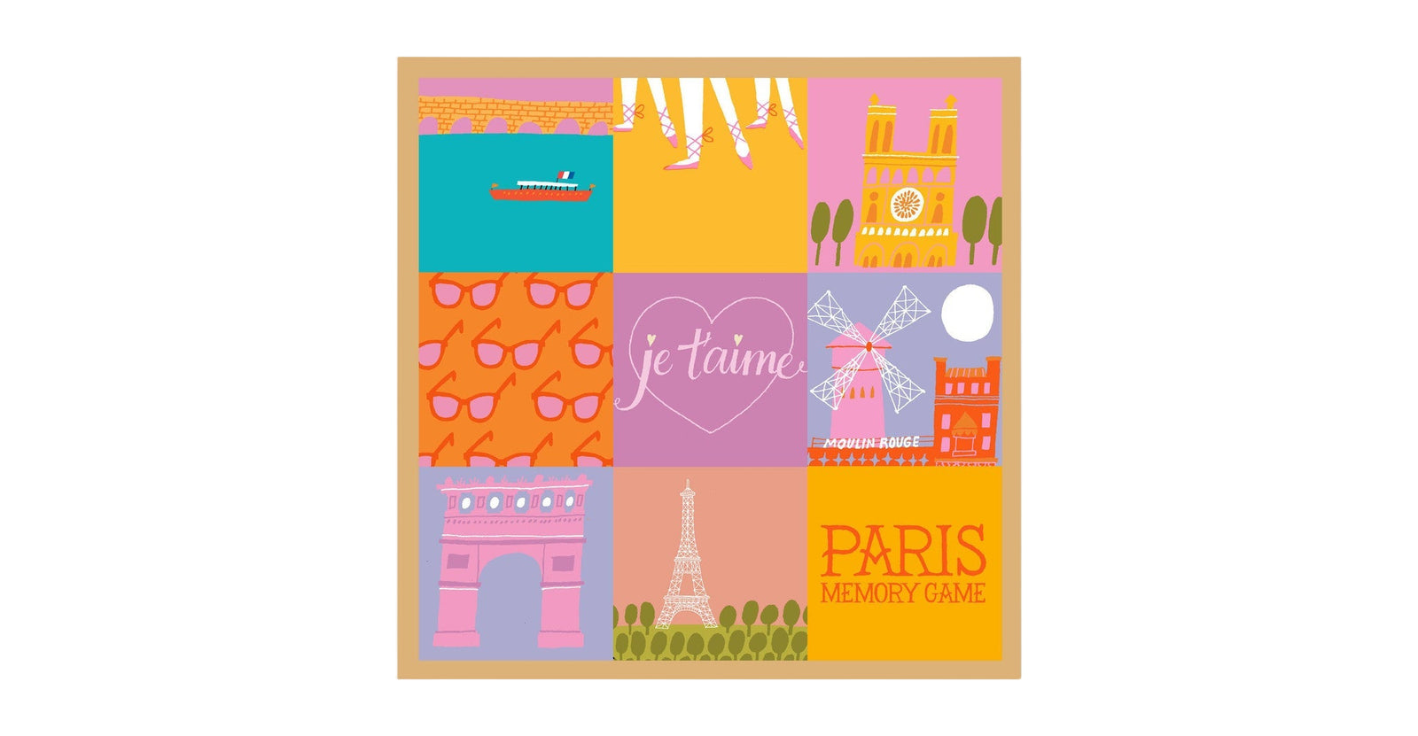 Colorful box with Paris-themed illustrations on a white background