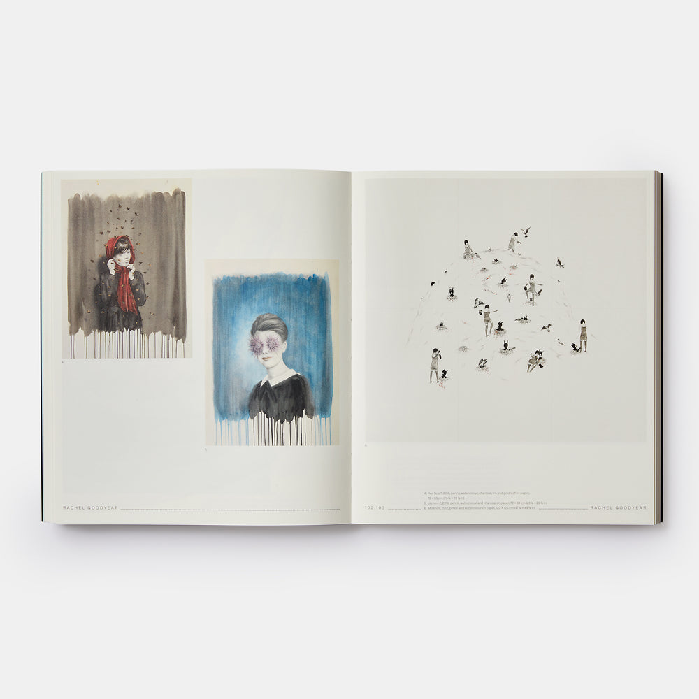 White pages with colorful and black and white drawings.