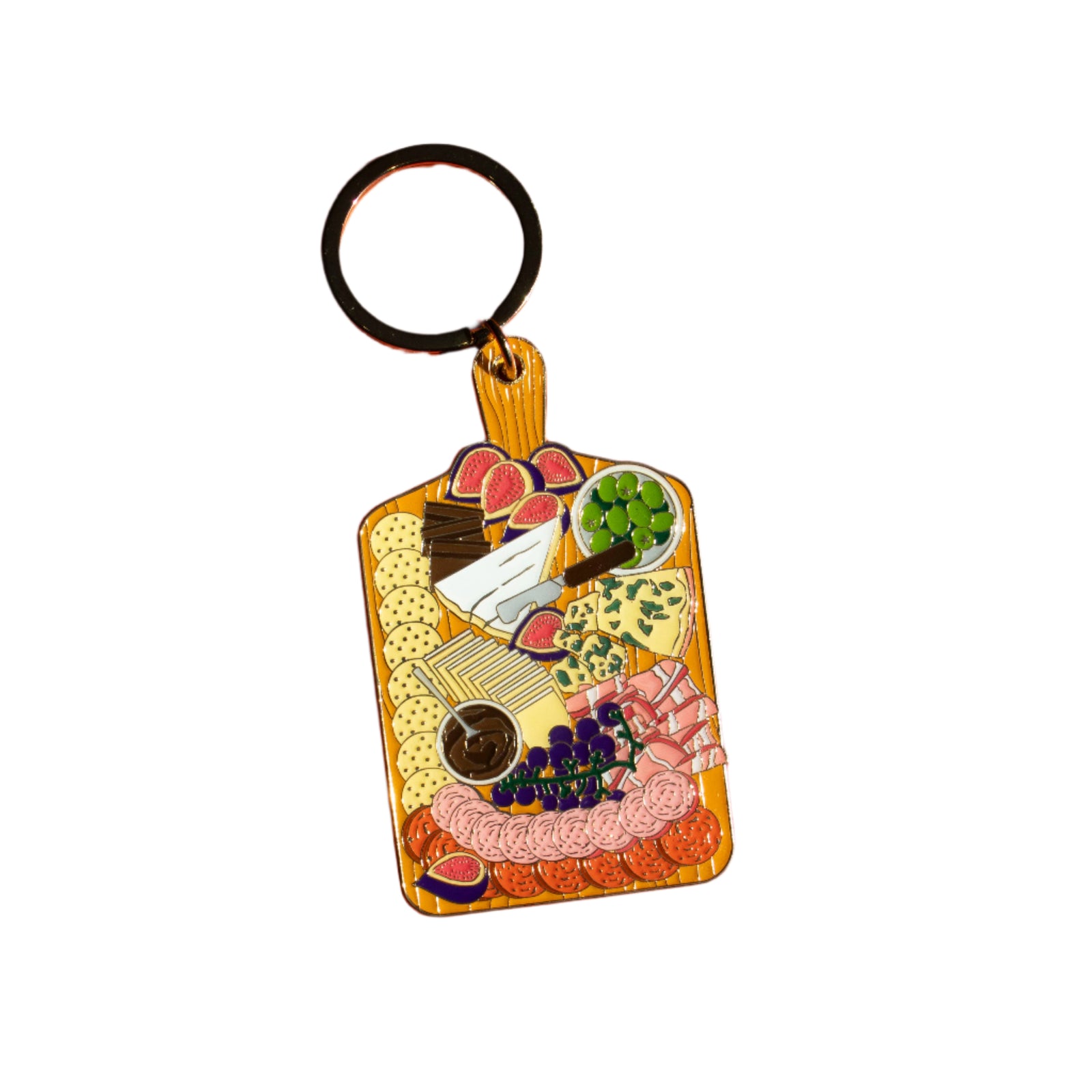 Keychain shaped like a charcuterie board with food items 
