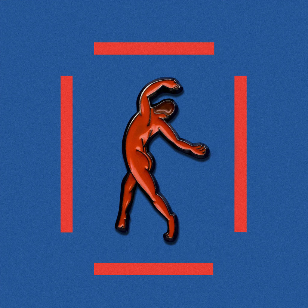 Abstract design with a red silhouette of a figure on a blue background