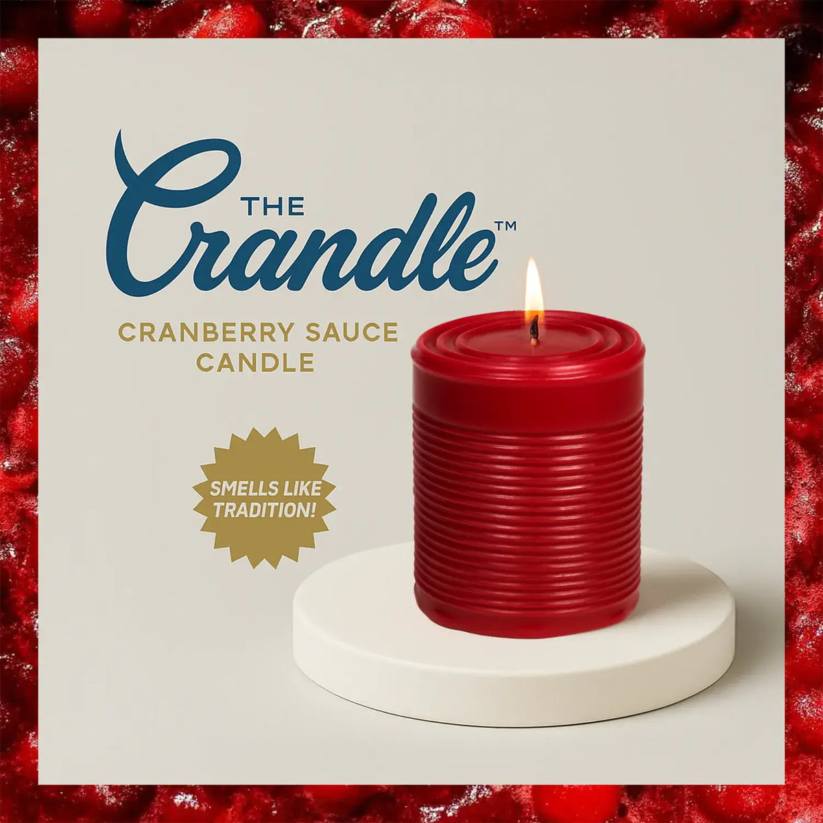 Red candle with 'The Crandle' branding on a white background
