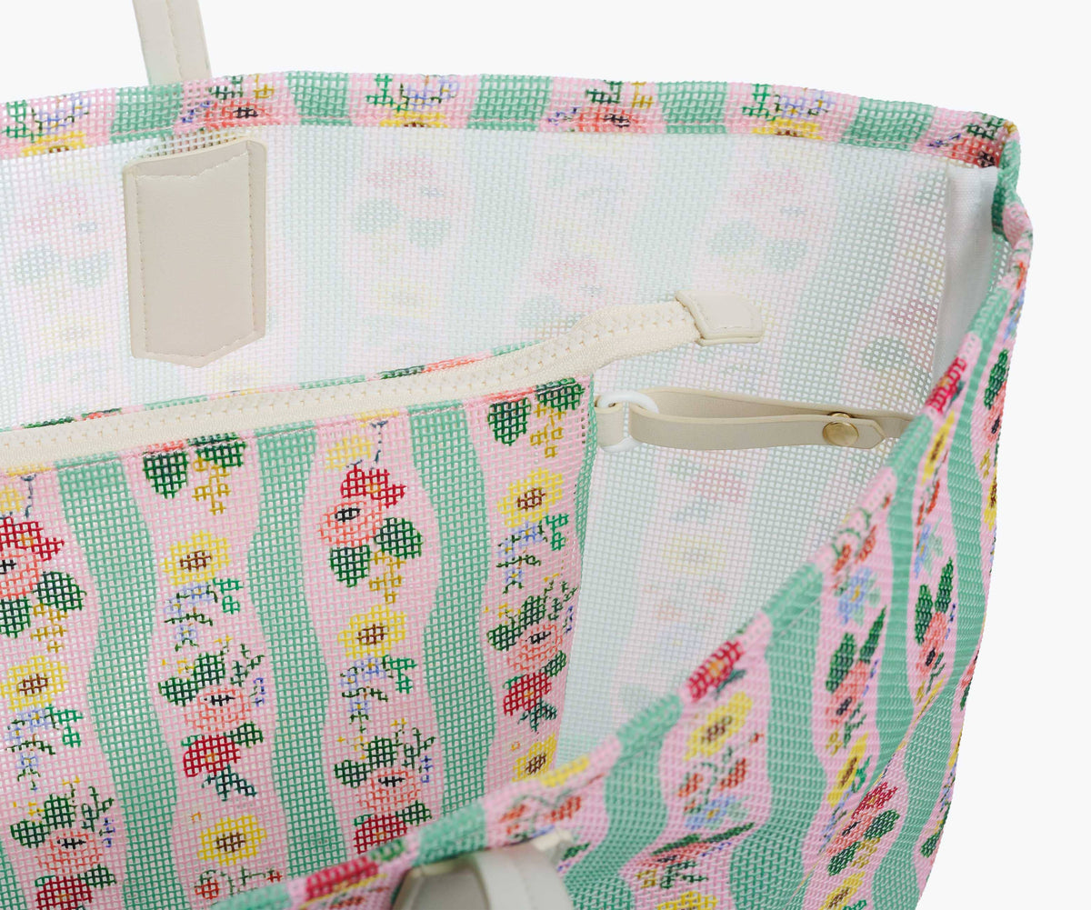 Inside view of floral mesh tote bag