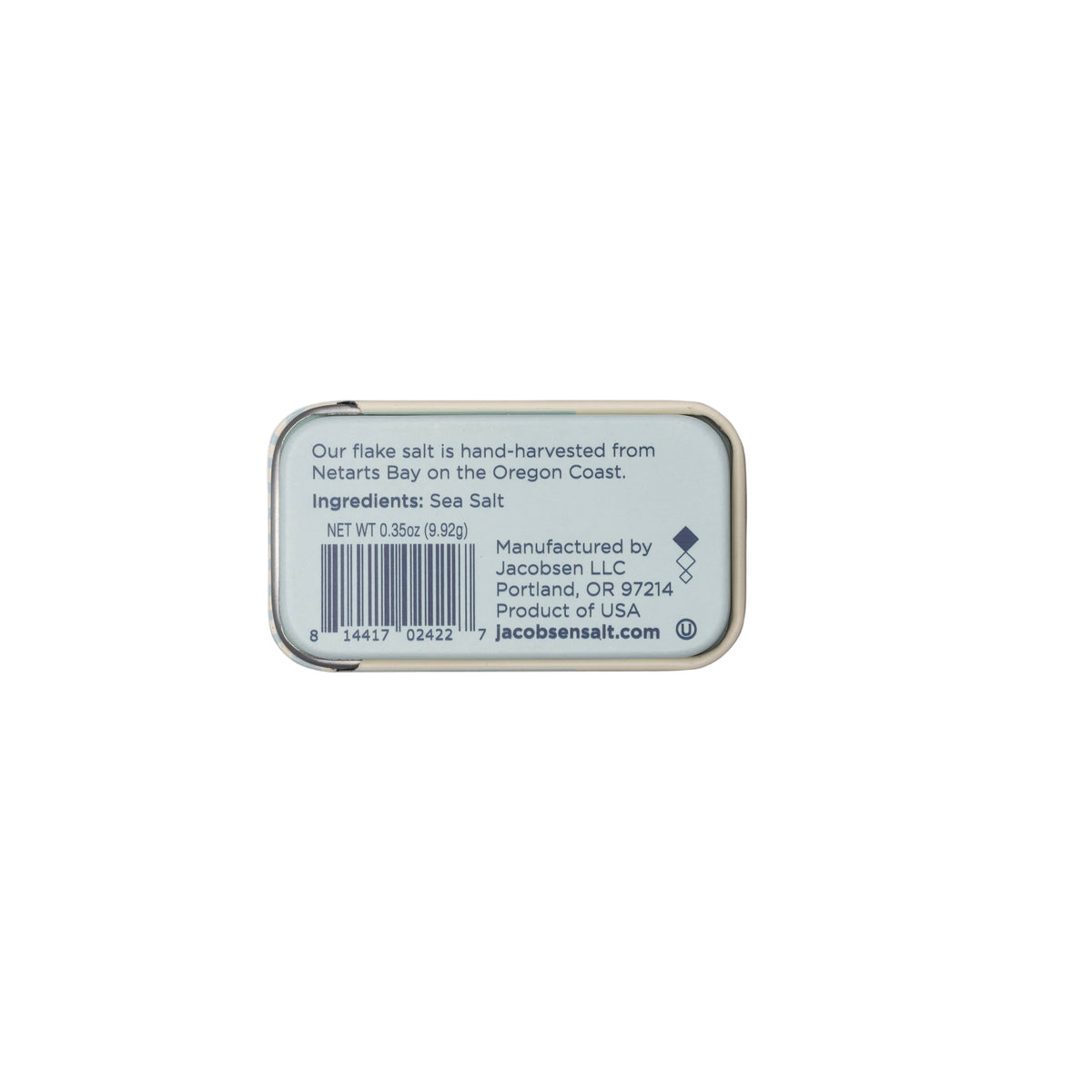 Small rectangular tin with a barcode on a white background