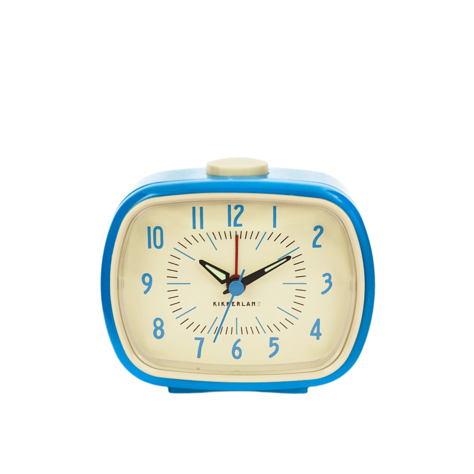 Vintage-style alarm clock with blue border on a white background