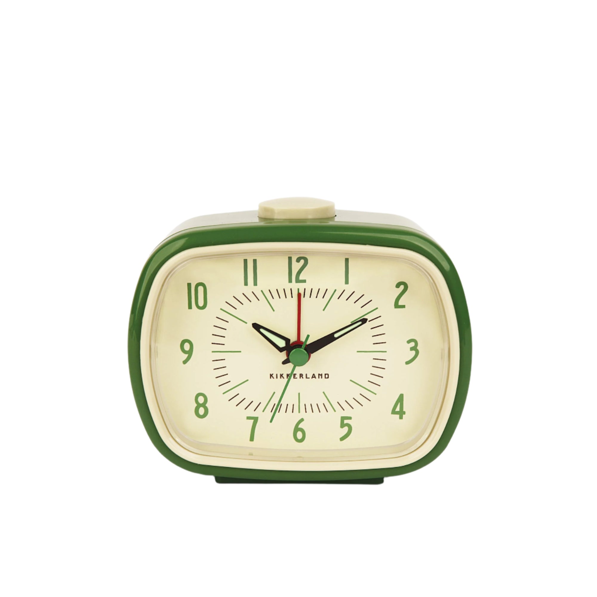 Vintage-style alarm clock with green frame and beige face on a white background