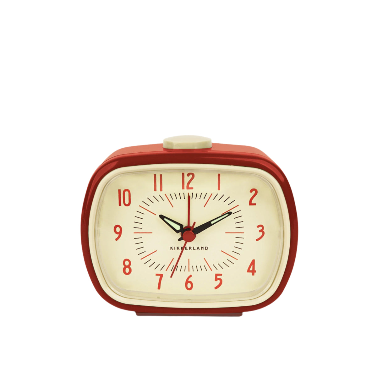 Red alarm clock with beige face on a white background