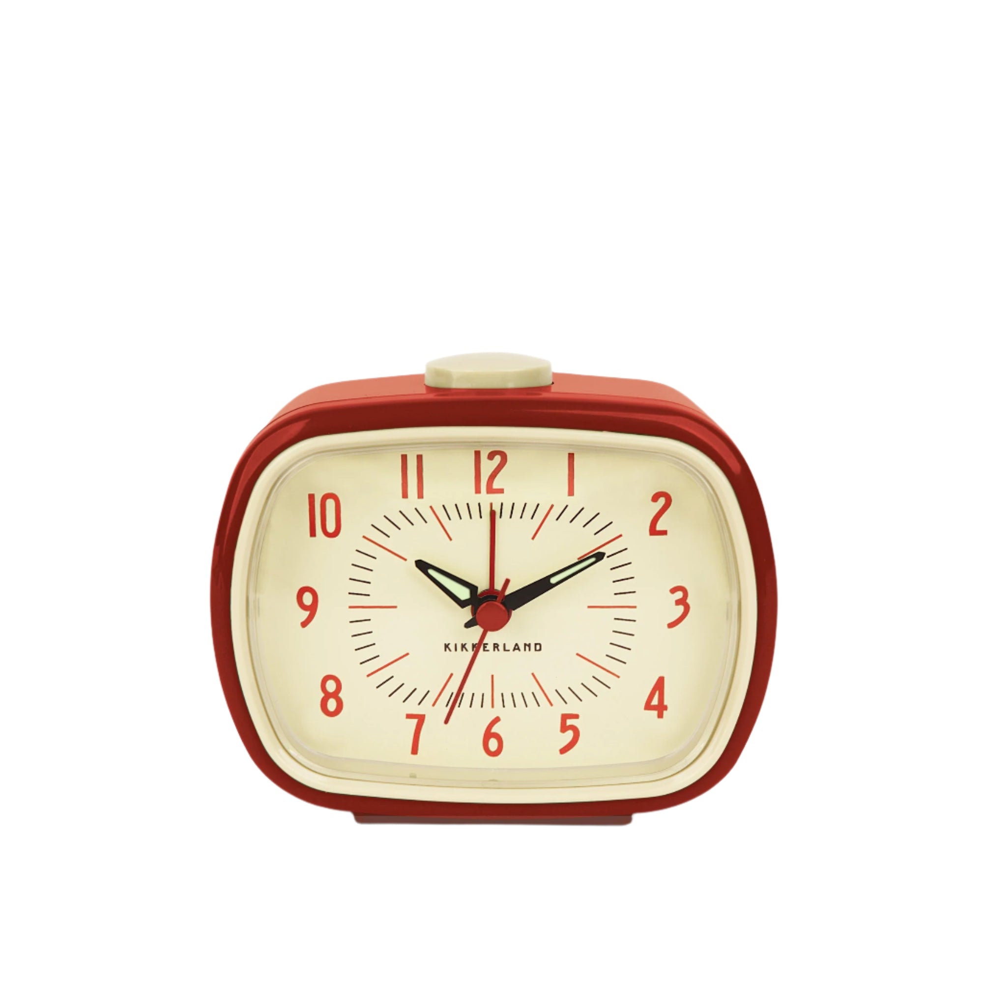 Red alarm clock with beige face on a white background