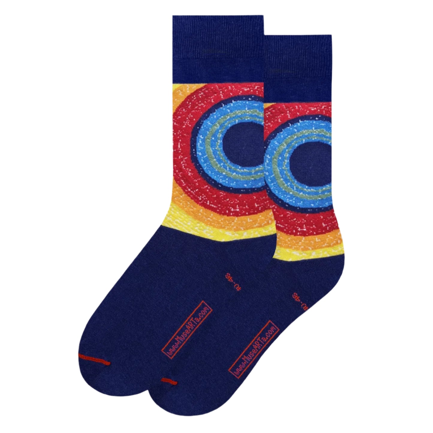 Colorful socks with circular patterns on a white background