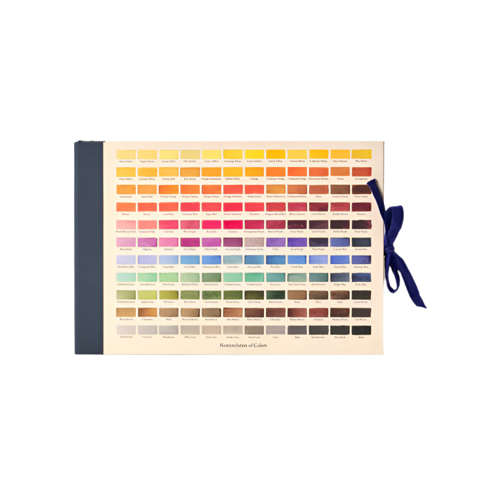 Color swatch book with a blue ribbon on a white background