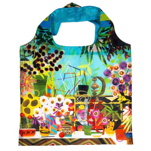 Colorful tote bag with abstract design on a white background