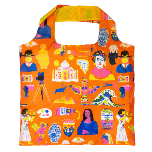 Colorful tote bag with artistic patterns on an orange background
