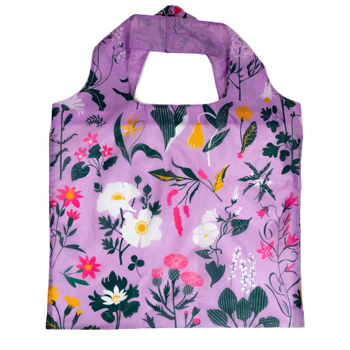 Floral-patterned reusable bag on a white background