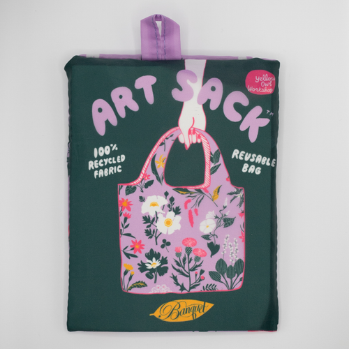 Reusable art bag with floral design and text on a white background