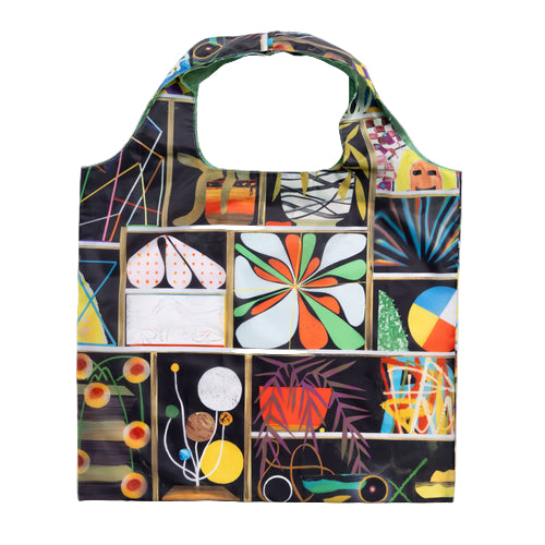 Colorful tote bag with abstract patterns on a white background