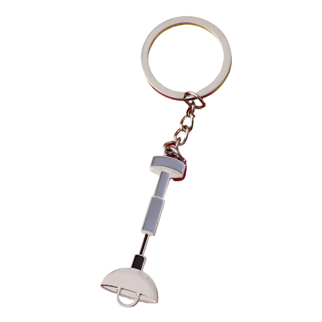 Silver Bauhaus design on a keychain