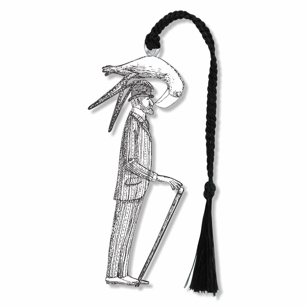 Man with  a cane and a bird on his head. 