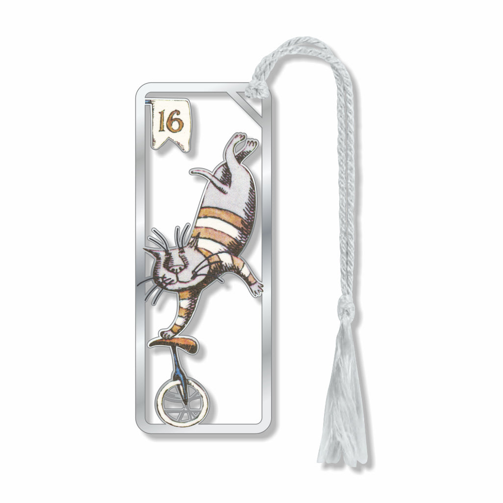 Bookmark with a cat on a unicycle design and a tassel on a white background