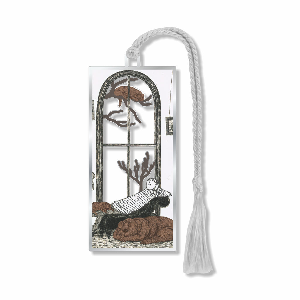 Bookmark with a design of a person reading a book by a window