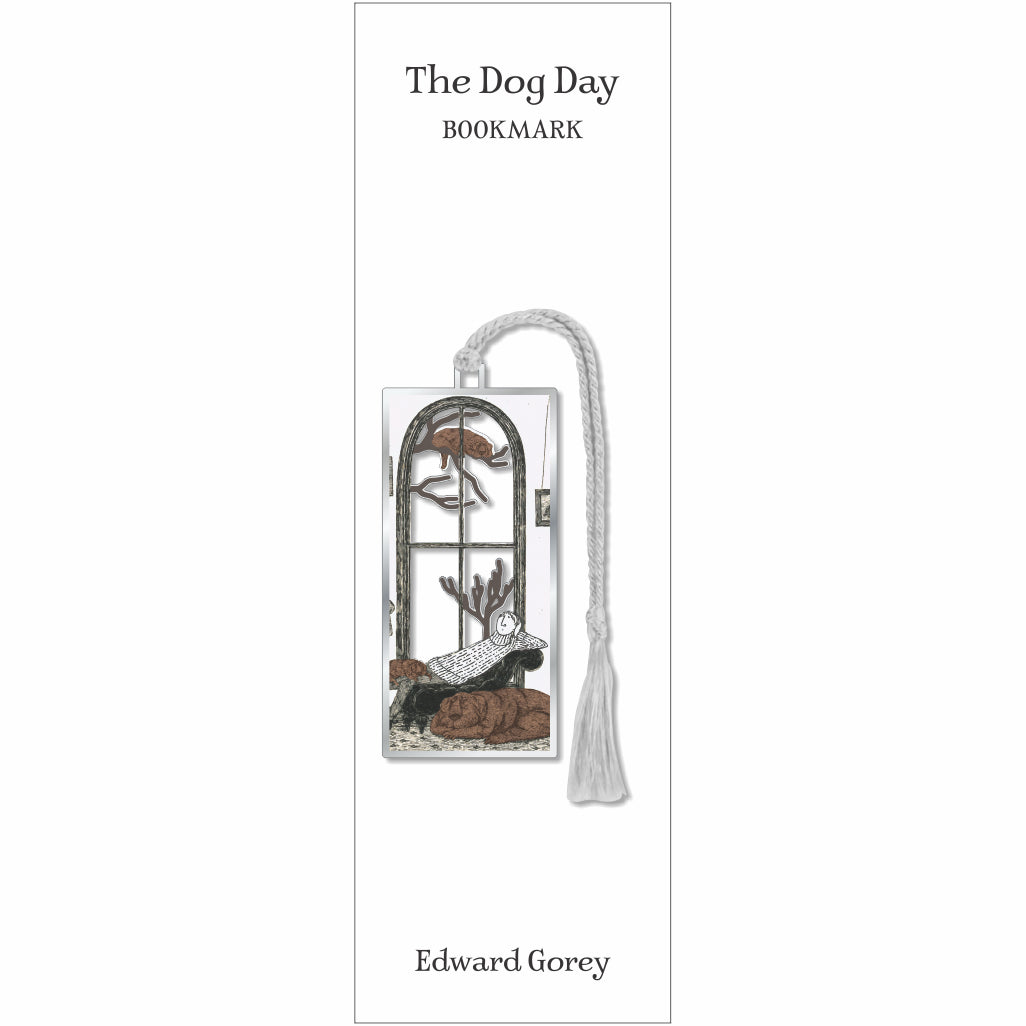Bookmark with illustration of a dog and text &#39;The Dog Day&#39; by Edward Gorey on a white background.