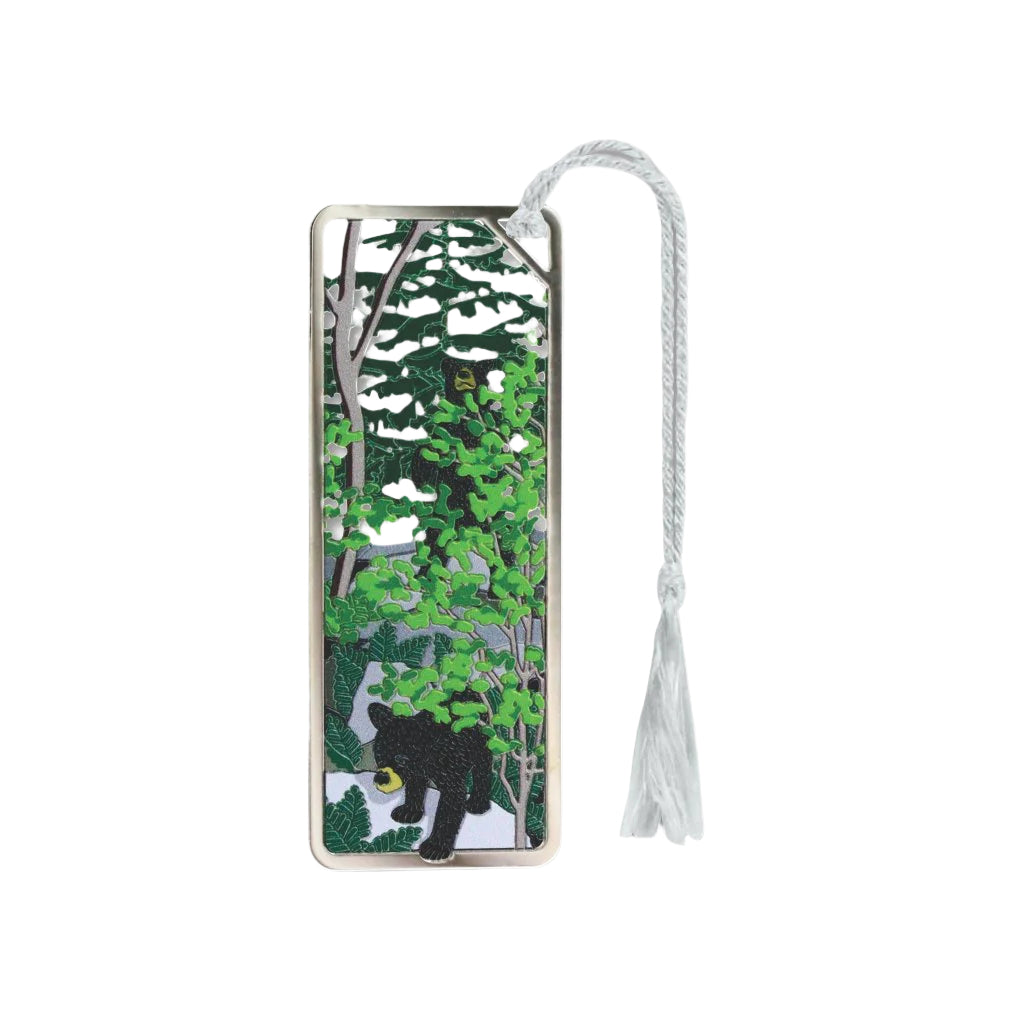 Bookmark with a bear in a forest design on a white background