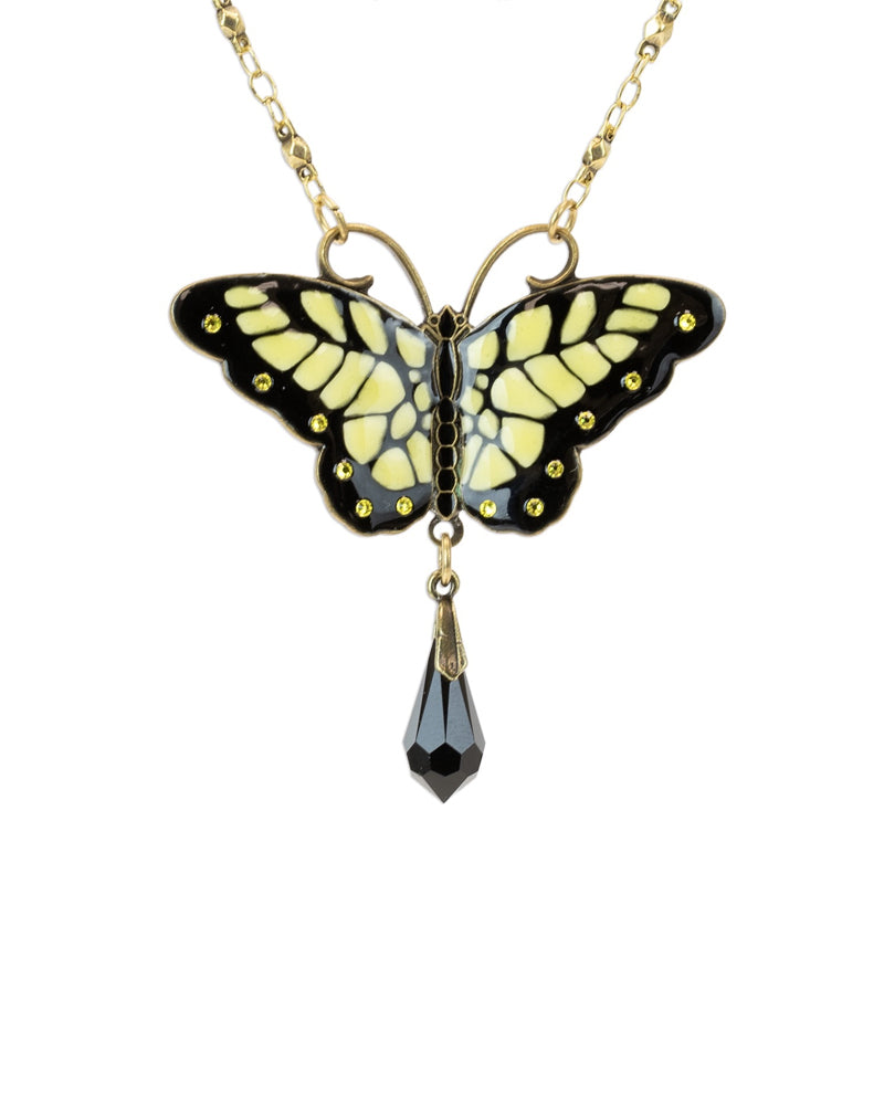 Yellow &amp; Black Swallowtail Butterfly Crystal Drop Necklace