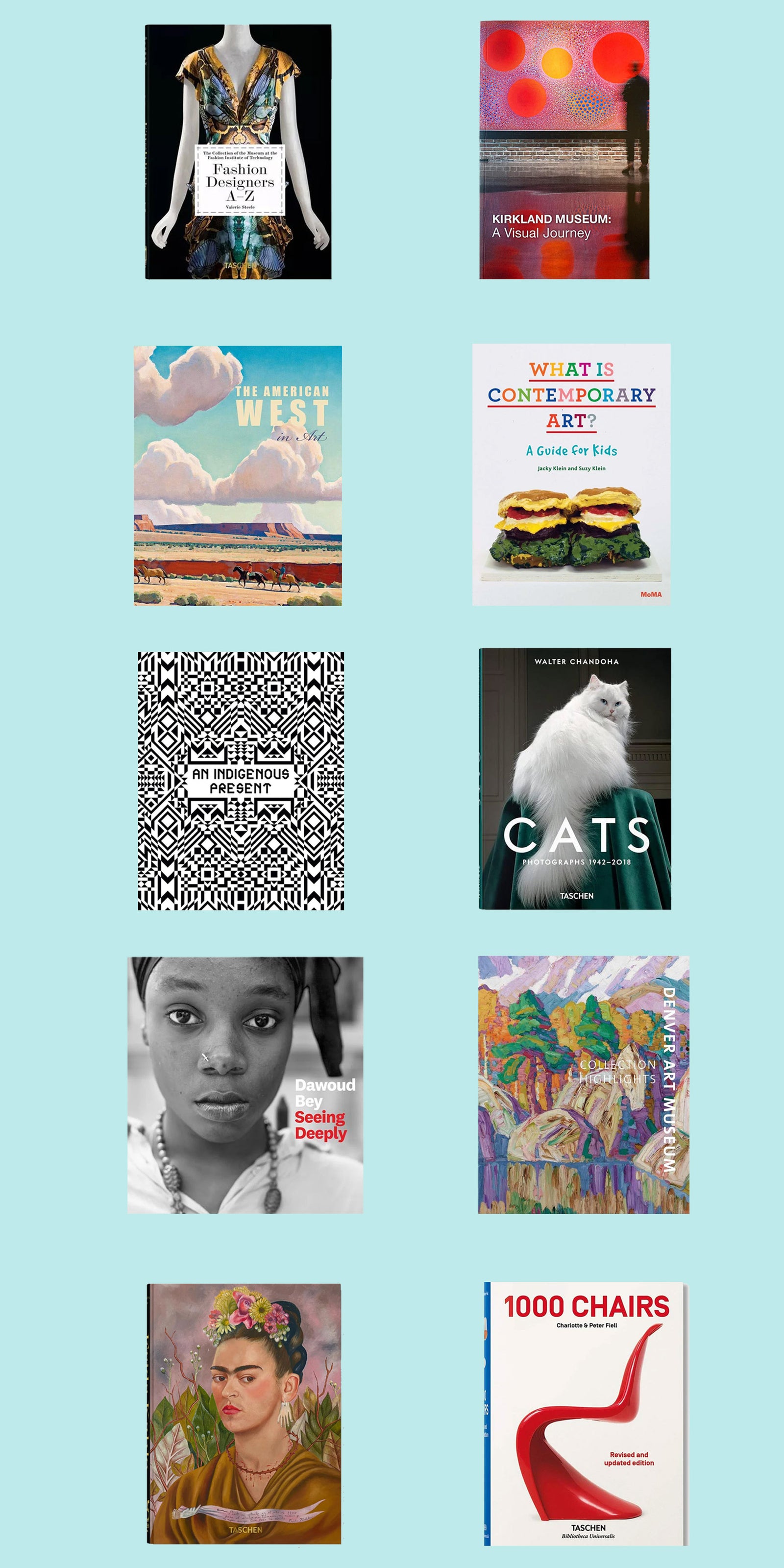Collage of book covers on a light blue background