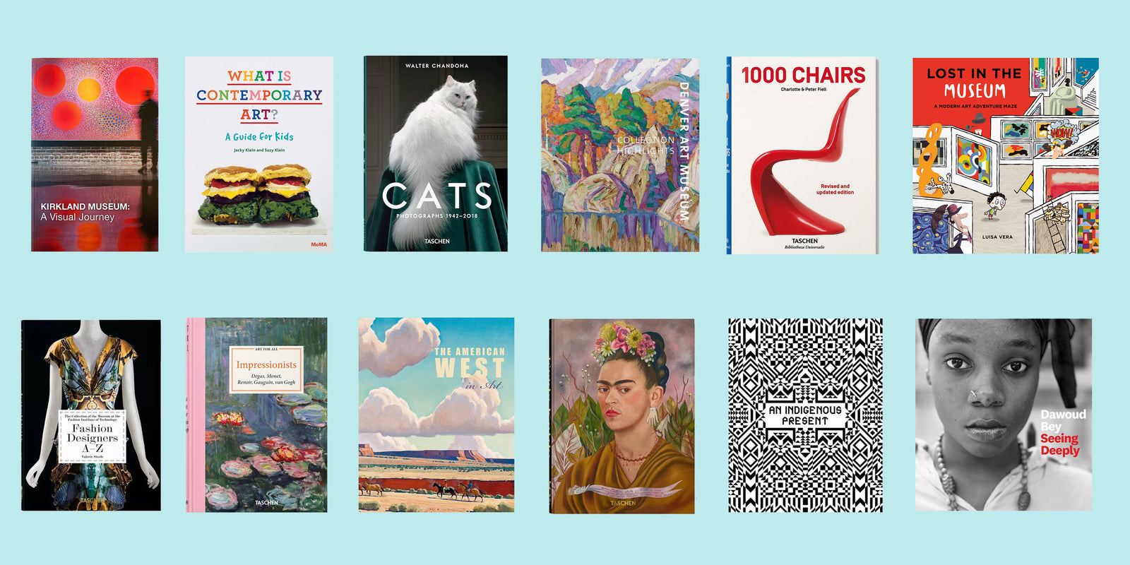 Grid of book covers on a light blue background