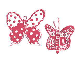 Notecard with white background and red butterfly drawing.