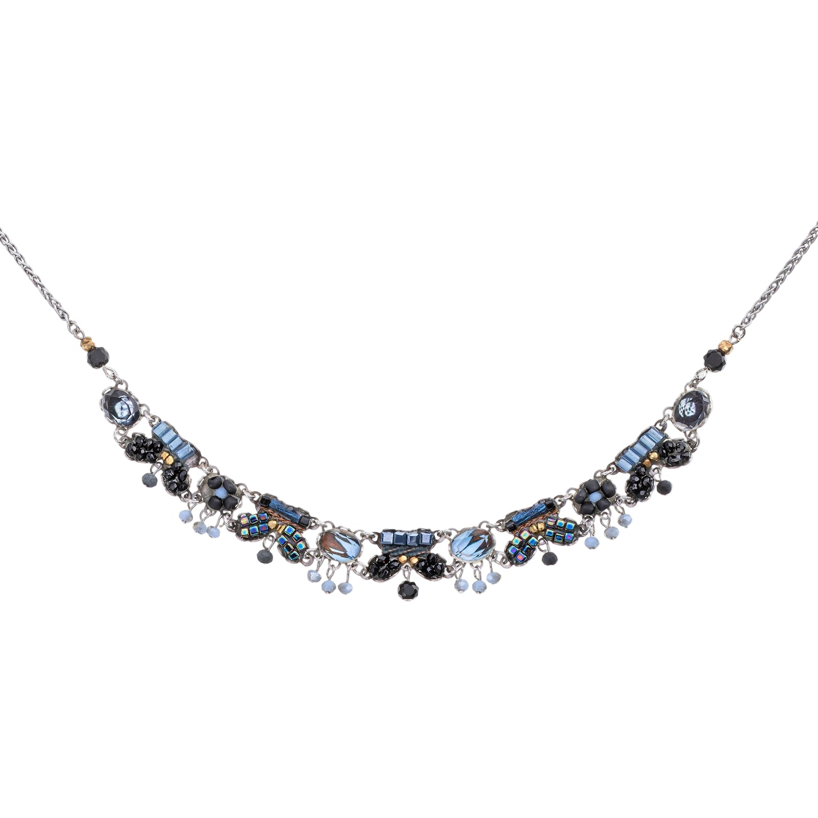 Necklace with blue and black beads on a white background